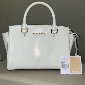 Michael Kors Selma Optic White MD Satchel Leather w/ Strap - Gold Hardware